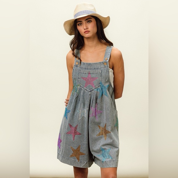 BiBi Star Rhinestone Washed Wide Leg Shortalls - Picture 12 of 14